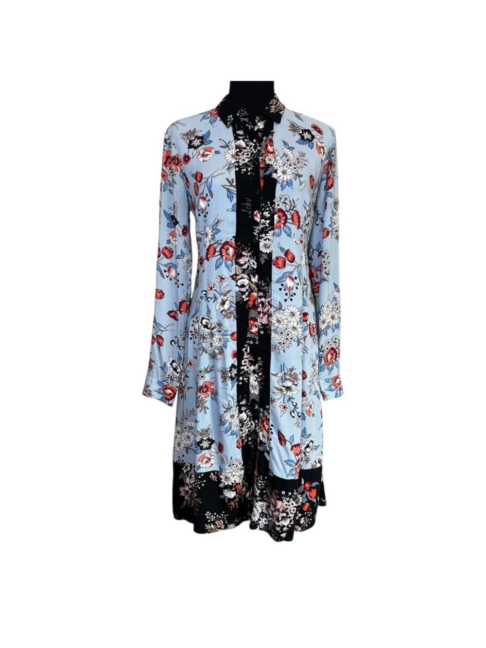 Maeve by Anthropologie Light Blue Floral Long-Sleeve Shirt Dress